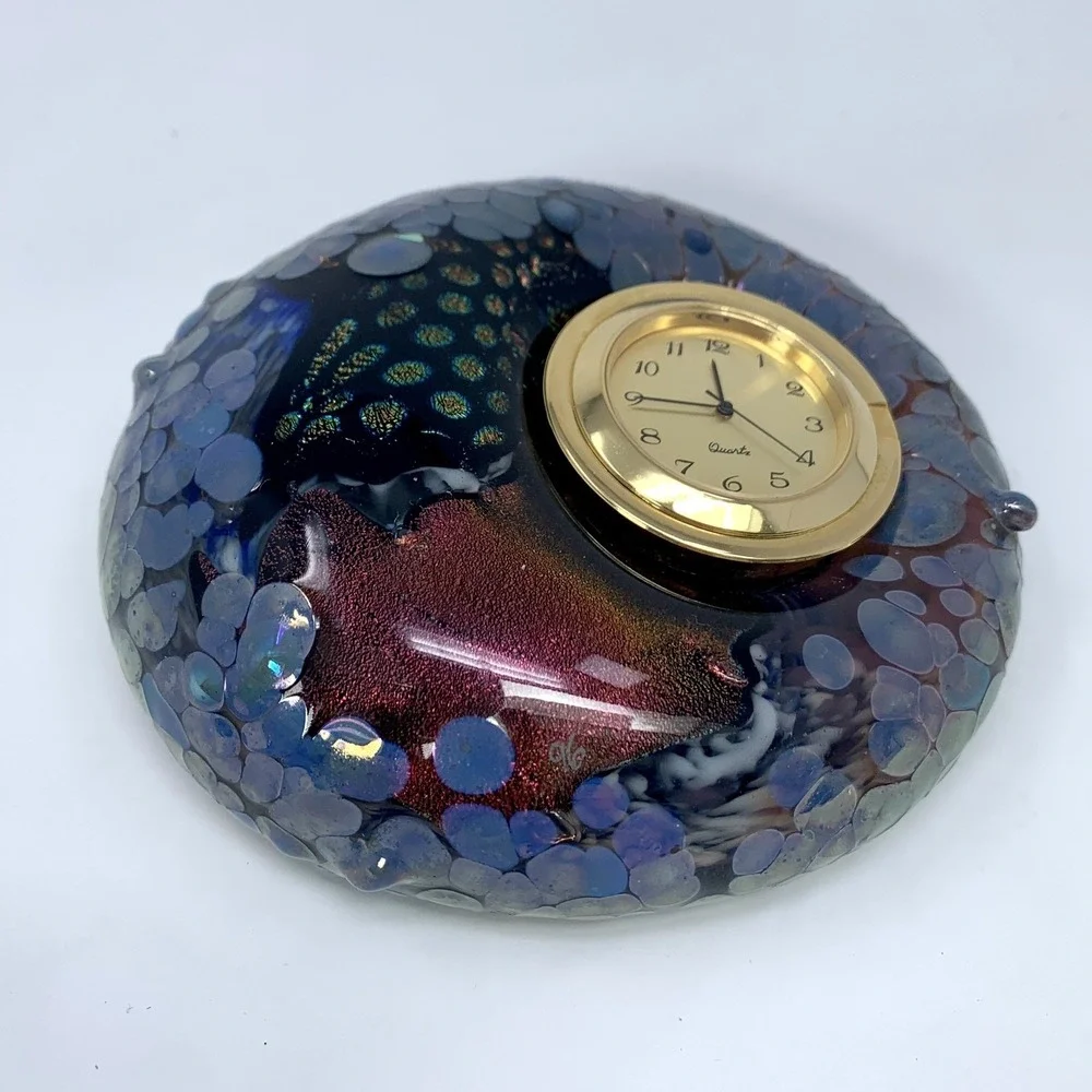Vtg Art Glass Paperweight Clock Hal Wahlborg Studio Abstract Blue 4.5